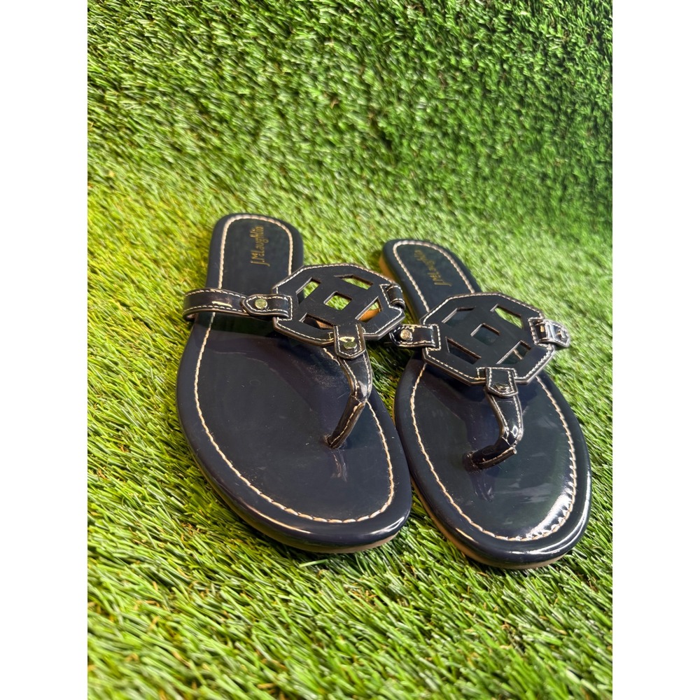 J.McLaughlin‎ Navy Blue Patent Leather Medallion Thong Sandals Preppy Flat  8.5 - Picture 3 of 5